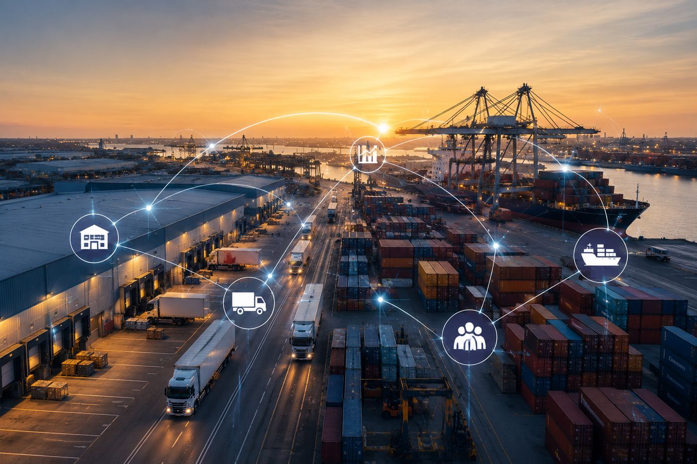 Haven met containers en vrachtwagens bij zonsondergang